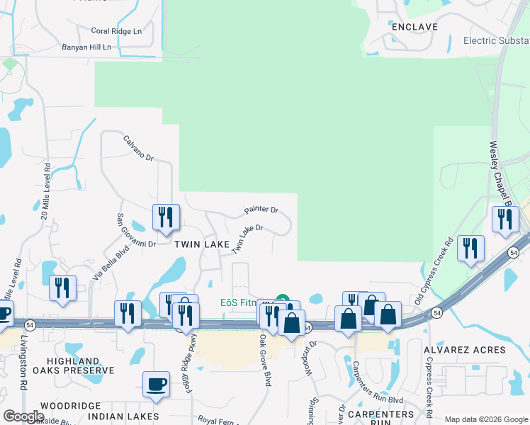map of restaurants, bars, coffee shops, grocery stores, and more near 24421 Painter Drive in Land O' Lakes
