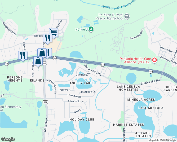 map of restaurants, bars, coffee shops, grocery stores, and more near 13951 Noble Park Drive in Odessa