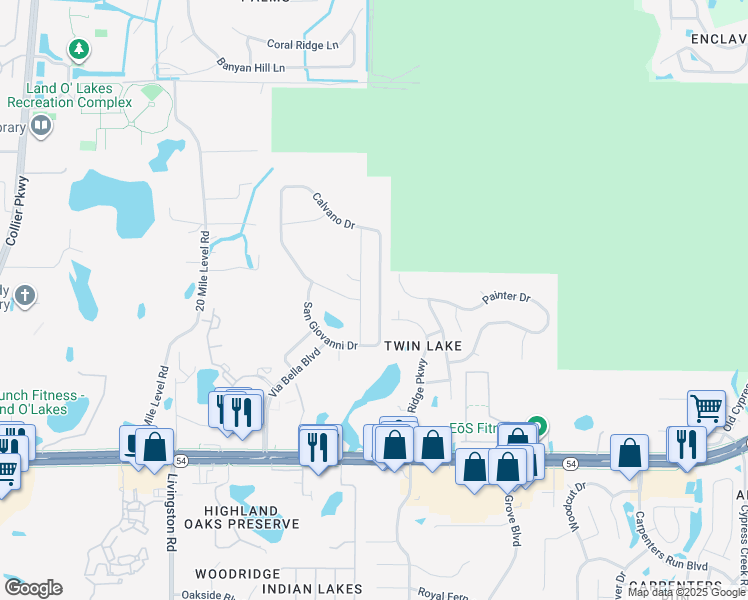 map of restaurants, bars, coffee shops, grocery stores, and more near 3192 Calvano Drive in Land O' Lakes