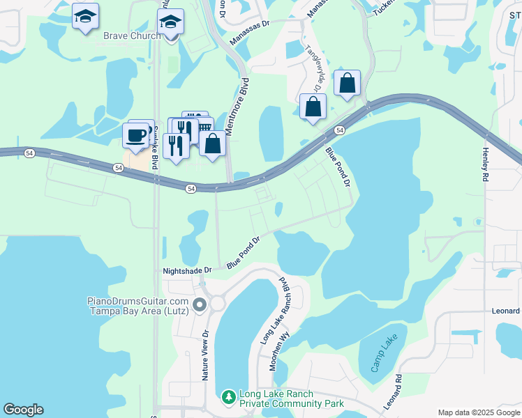 map of restaurants, bars, coffee shops, grocery stores, and more near 19341 Blue Pond Drive in Lutz