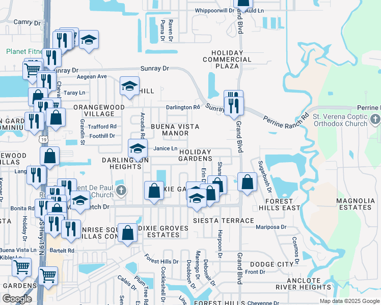 map of restaurants, bars, coffee shops, grocery stores, and more near 5211 Janice Lane in Holiday