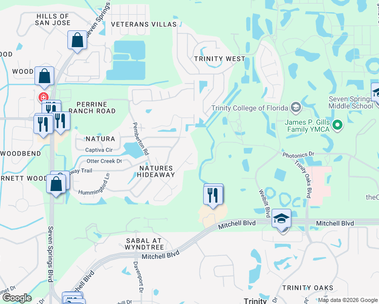 map of restaurants, bars, coffee shops, grocery stores, and more near 7718 Whisper Woods Court in New Port Richey