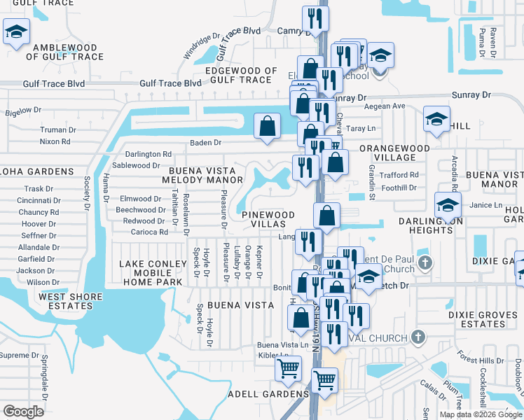 map of restaurants, bars, coffee shops, grocery stores, and more near 4319 Tahitian Gardens Circle in Holiday
