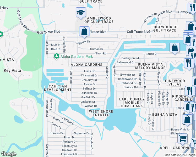 map of restaurants, bars, coffee shops, grocery stores, and more near 3446 Cincinnati Drive in Holiday