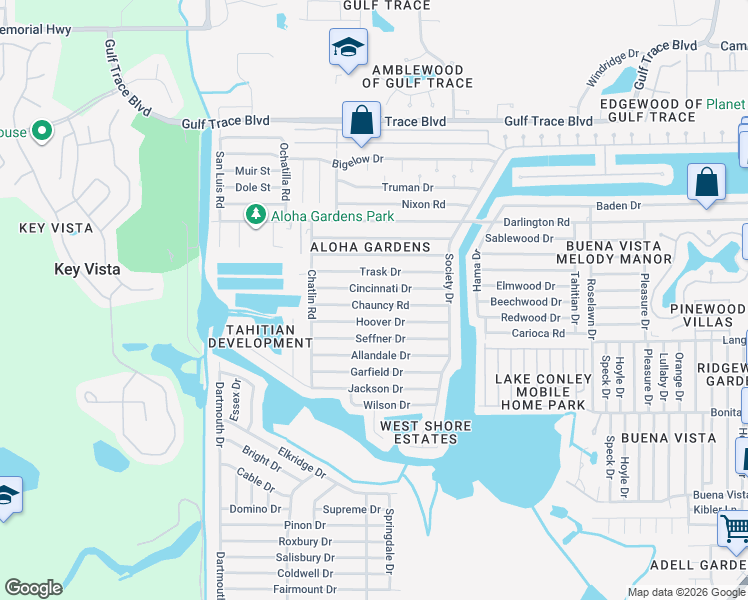 map of restaurants, bars, coffee shops, grocery stores, and more near 3352 Cincinnati Drive in Holiday