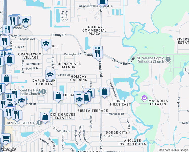 map of restaurants, bars, coffee shops, grocery stores, and more near 5405 Dawn Lane in Holiday