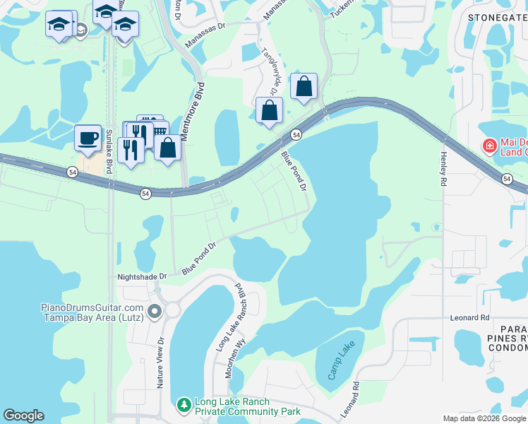 map of restaurants, bars, coffee shops, grocery stores, and more near 19049 Highway 54 in Lutz