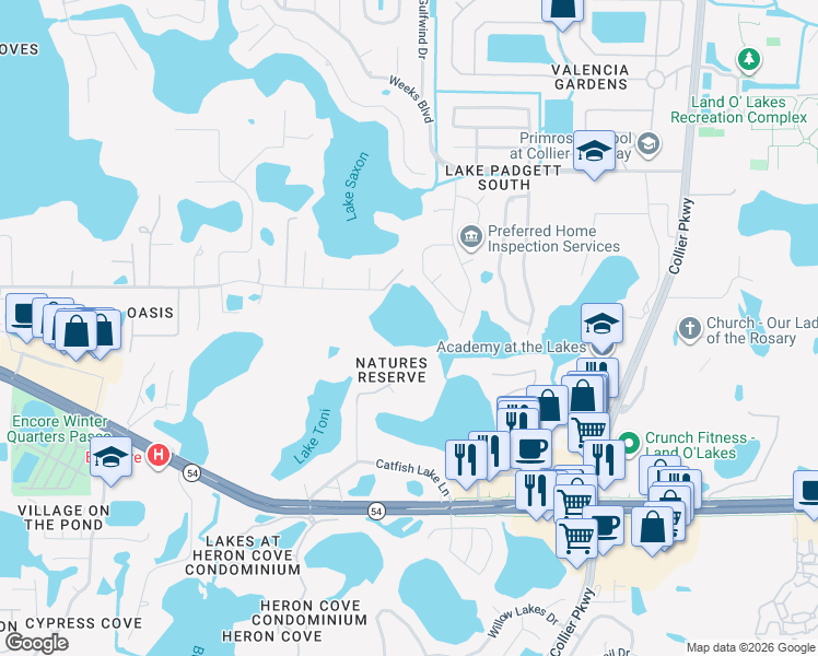 map of restaurants, bars, coffee shops, grocery stores, and more near 2463 Shorewood Lane in Land O' Lakes