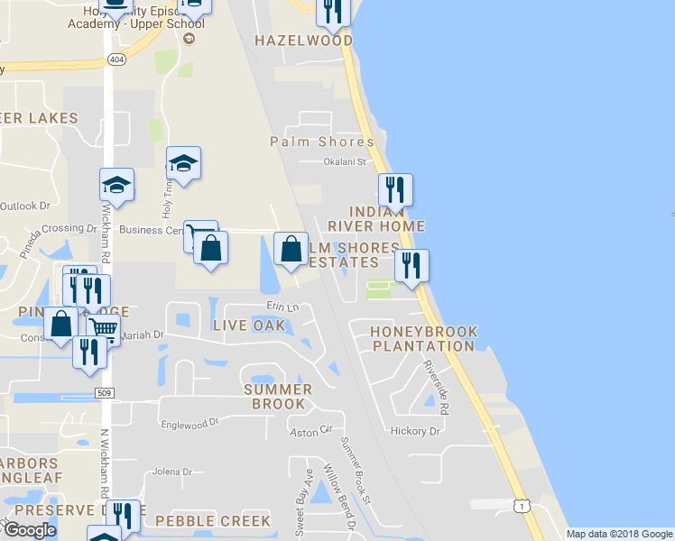 map of restaurants, bars, coffee shops, grocery stores, and more near 130 Palm Circle in Melbourne