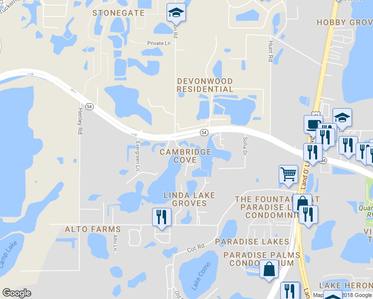 map of restaurants, bars, coffee shops, grocery stores, and more near 2346 Shirecrest Cove Way in Lutz