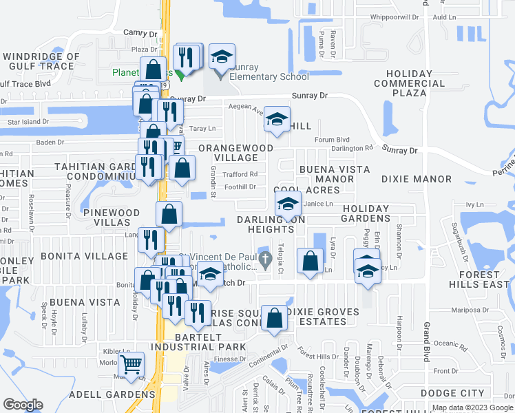 map of restaurants, bars, coffee shops, grocery stores, and more near 4833 Bonton Drive in Holiday