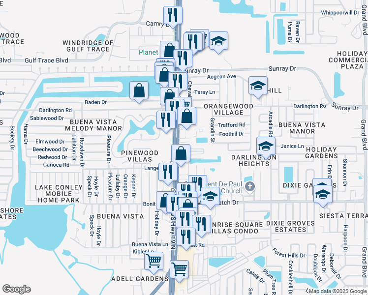 map of restaurants, bars, coffee shops, grocery stores, and more near 2328 U.S. 19 in Holiday