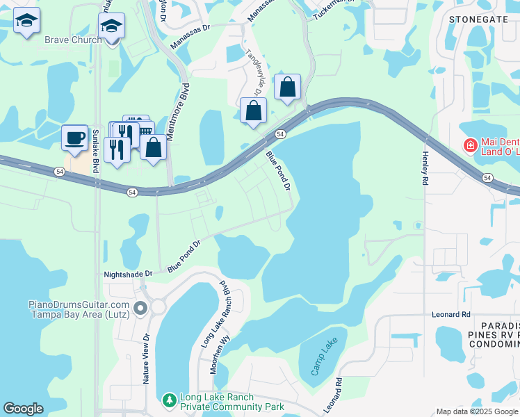 map of restaurants, bars, coffee shops, grocery stores, and more near 2409 Morninglight Drive in Lutz