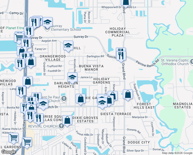map of restaurants, bars, coffee shops, grocery stores, and more near 5212 Janice Lane in Holiday