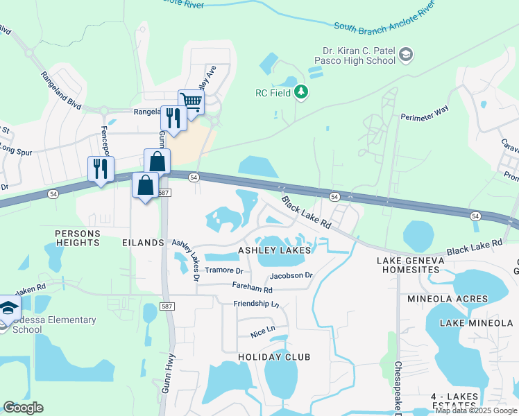 map of restaurants, bars, coffee shops, grocery stores, and more near 2313 Curzon Way in Odessa