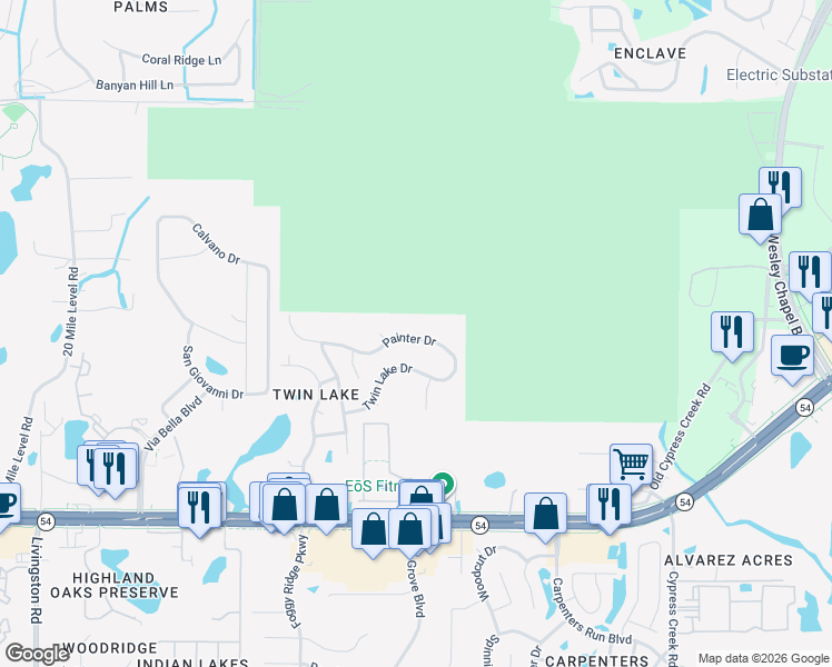 map of restaurants, bars, coffee shops, grocery stores, and more near 24421 Painter Drive in Land O' Lakes