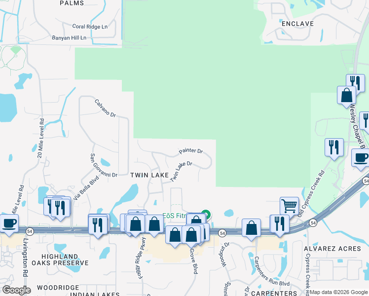 map of restaurants, bars, coffee shops, grocery stores, and more near 24323 Painter Drive in Land O' Lakes
