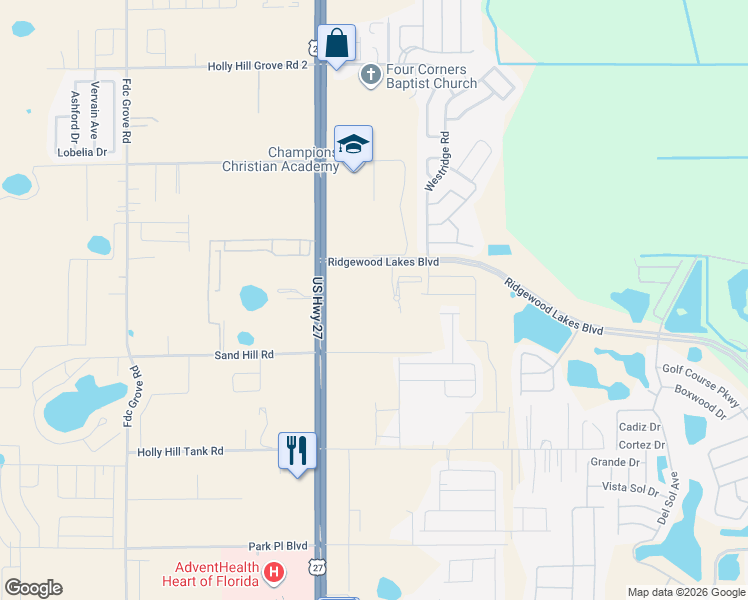 map of restaurants, bars, coffee shops, grocery stores, and more near 225 Ridgewood Lakes Boulevard in Davenport