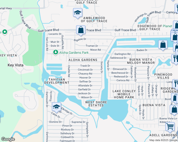 map of restaurants, bars, coffee shops, grocery stores, and more near 3446 Cincinnati Drive in Holiday