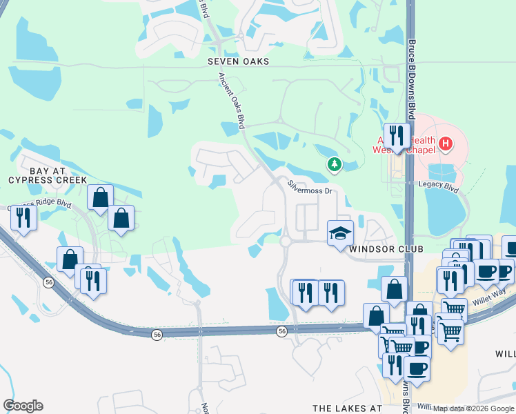 map of restaurants, bars, coffee shops, grocery stores, and more near 27741 Kirkwood Circle in Wesley Chapel