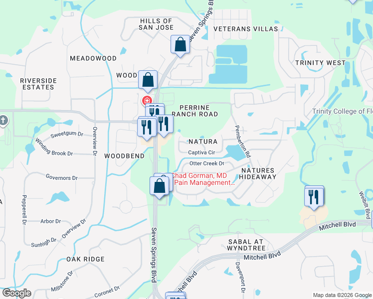 map of restaurants, bars, coffee shops, grocery stores, and more near 7137 Captiva Circle in New Port Richey