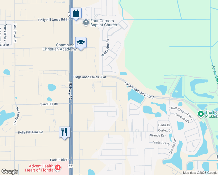 map of restaurants, bars, coffee shops, grocery stores, and more near 225 Ridgewood Lakes Boulevard in Davenport