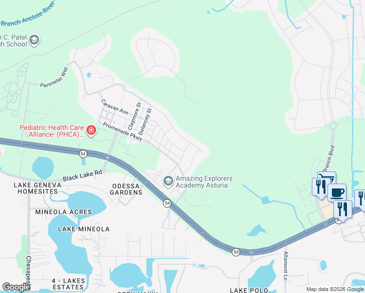 map of restaurants, bars, coffee shops, grocery stores, and more near 15429 Caravan Avenue in Odessa