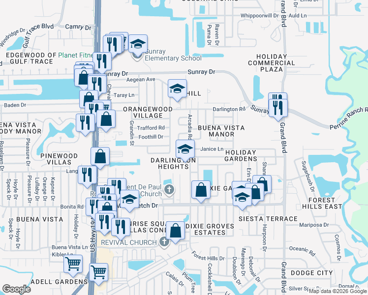 map of restaurants, bars, coffee shops, grocery stores, and more near 4935 Ernies Court in Holiday