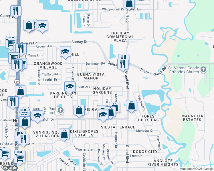 map of restaurants, bars, coffee shops, grocery stores, and more near 5307 Dawn Lane in Holiday