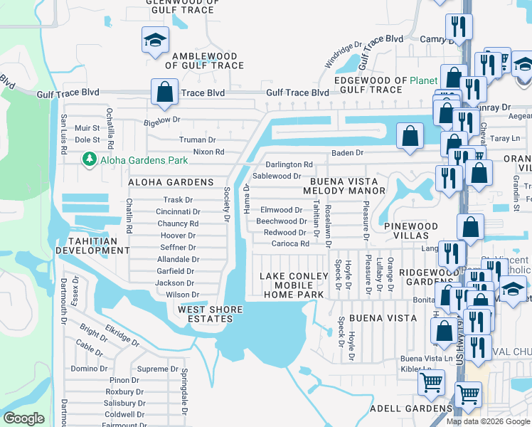 map of restaurants, bars, coffee shops, grocery stores, and more near 3736 Elmwood Dr in Holiday