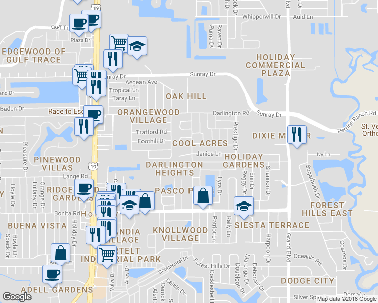 map of restaurants, bars, coffee shops, grocery stores, and more near 2307 Arcadia Road in Holiday