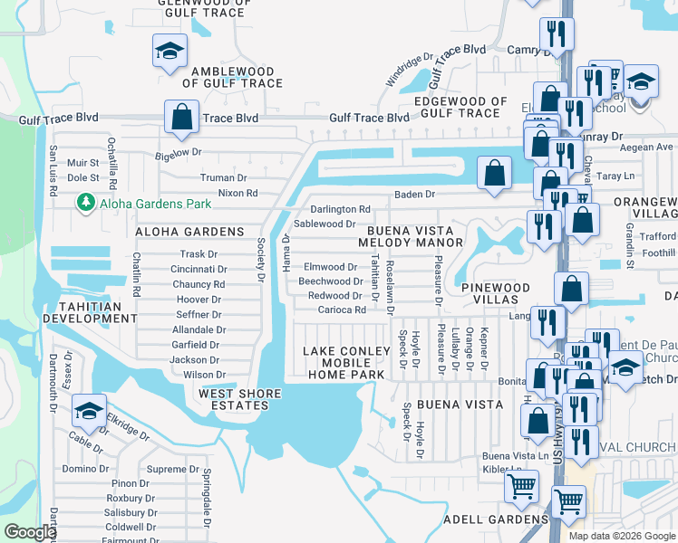 map of restaurants, bars, coffee shops, grocery stores, and more near 3824 Elmwood Drive in Holiday