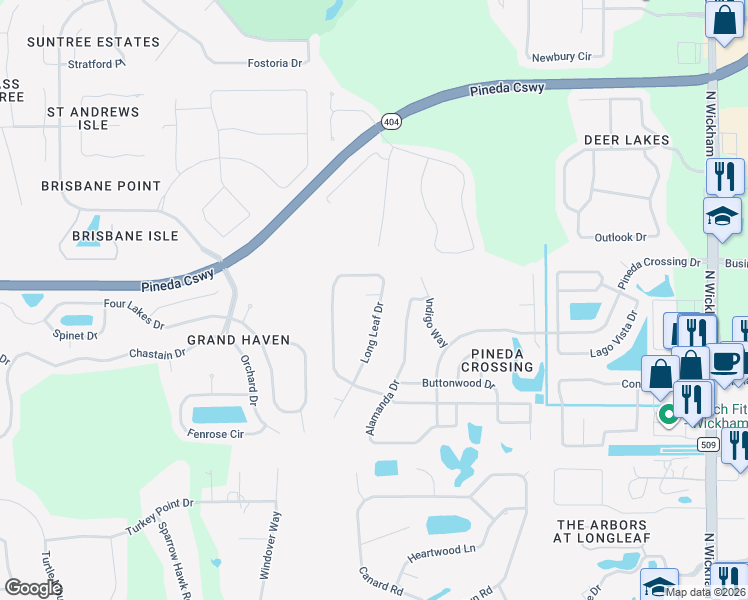 map of restaurants, bars, coffee shops, grocery stores, and more near 4204 Long Leaf Drive in Melbourne