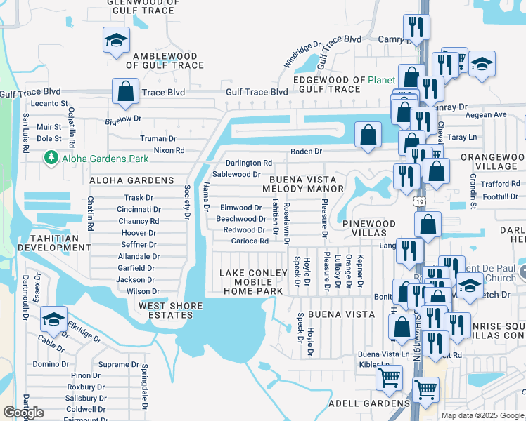 map of restaurants, bars, coffee shops, grocery stores, and more near 3904 Elmwood Drive in Holiday
