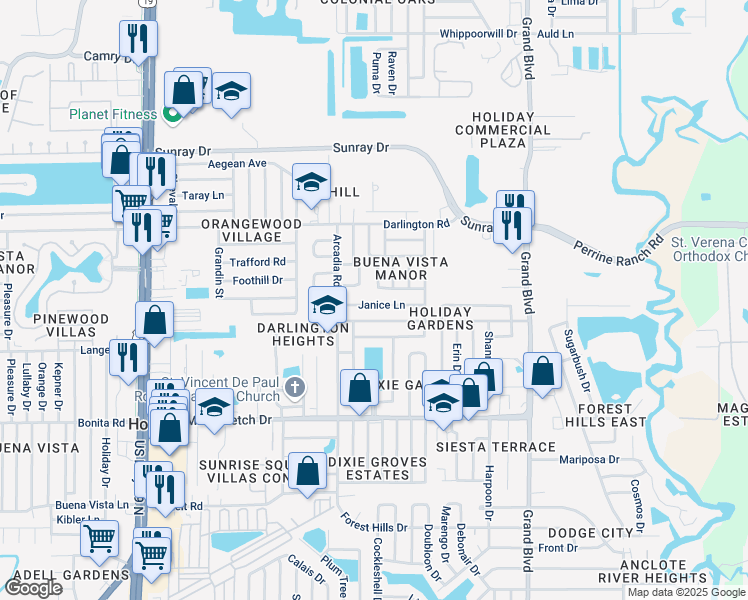 map of restaurants, bars, coffee shops, grocery stores, and more near 5117 Janice Lane in Holiday