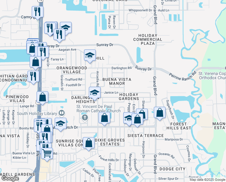 map of restaurants, bars, coffee shops, grocery stores, and more near 5117 Janice Lane in Holiday