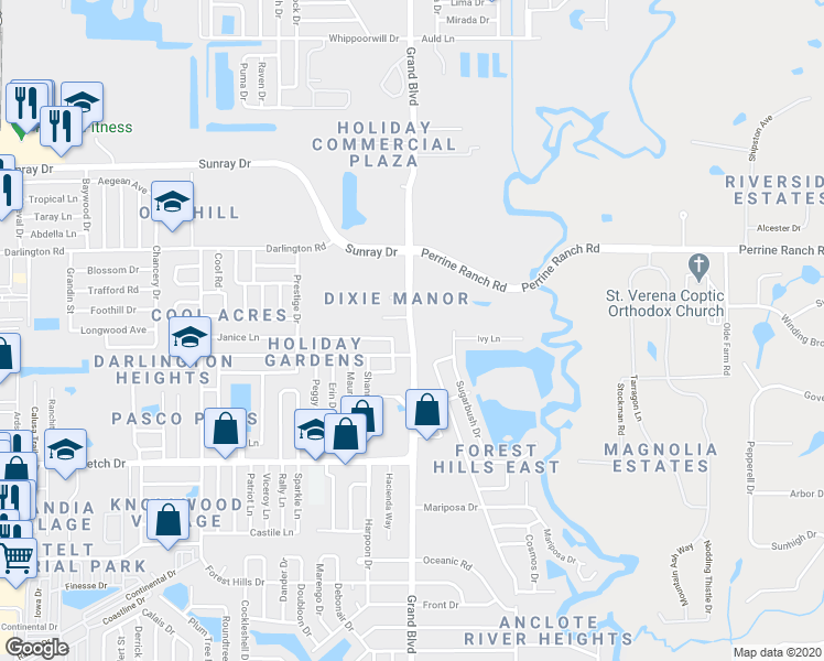 map of restaurants, bars, coffee shops, grocery stores, and more near 2305 Grand Boulevard in Holiday
