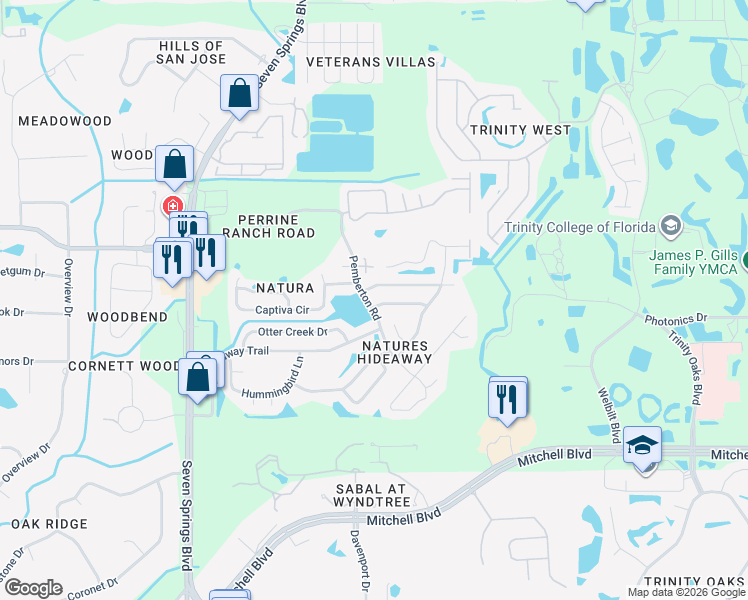 map of restaurants, bars, coffee shops, grocery stores, and more near 7511 Fawn Lake Road in New Port Richey