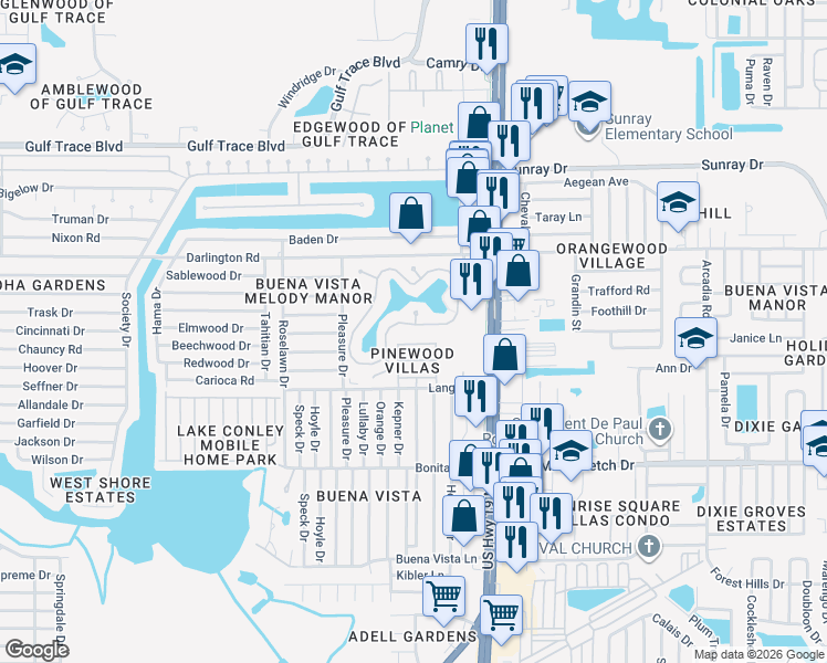 map of restaurants, bars, coffee shops, grocery stores, and more near 4319 Tahitian Gardens Circle in Holiday