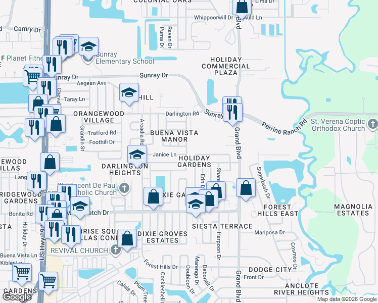 map of restaurants, bars, coffee shops, grocery stores, and more near 5211 Janice Lane in Holiday