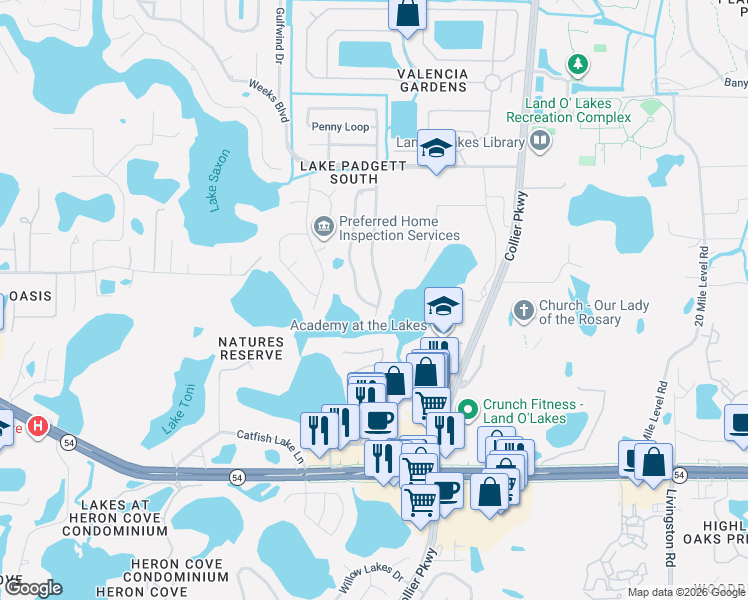 map of restaurants, bars, coffee shops, grocery stores, and more near 2436 Martha Lane in Land O' Lakes