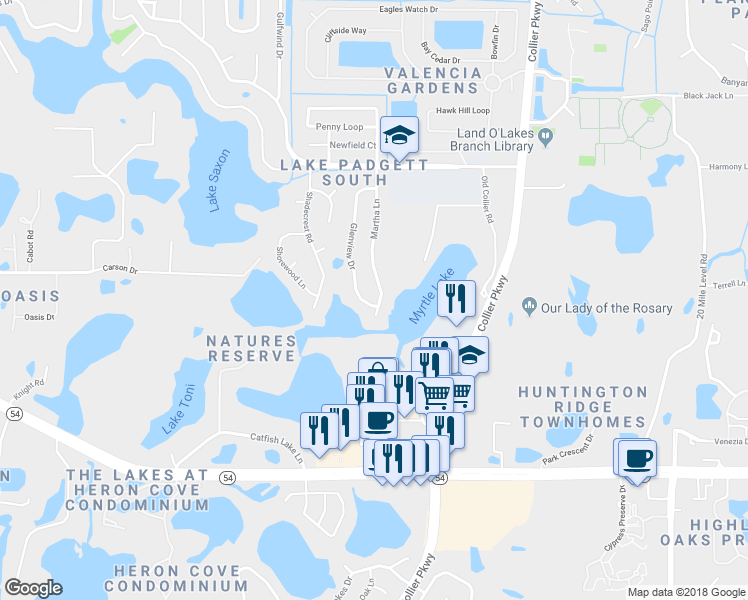 map of restaurants, bars, coffee shops, grocery stores, and more near 2429 Martha Lane in Land O' Lakes