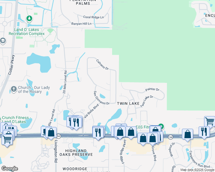 map of restaurants, bars, coffee shops, grocery stores, and more near 23964 Terracina Court in Land O' Lakes