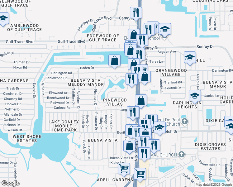 map of restaurants, bars, coffee shops, grocery stores, and more near 4319 Tahitian Gardens Circle in Holiday