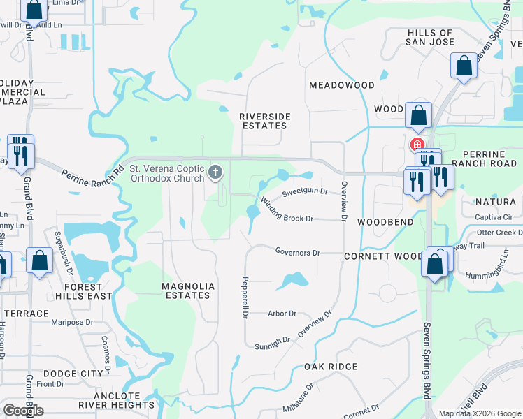 map of restaurants, bars, coffee shops, grocery stores, and more near 6306 Winding Brook Drive in New Port Richey