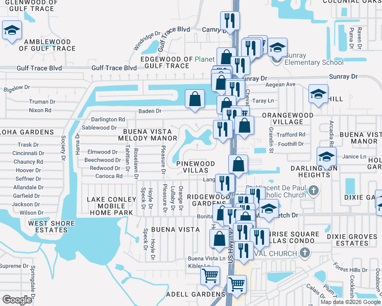 map of restaurants, bars, coffee shops, grocery stores, and more near 4319 Tahitian Gardens Circle in Holiday