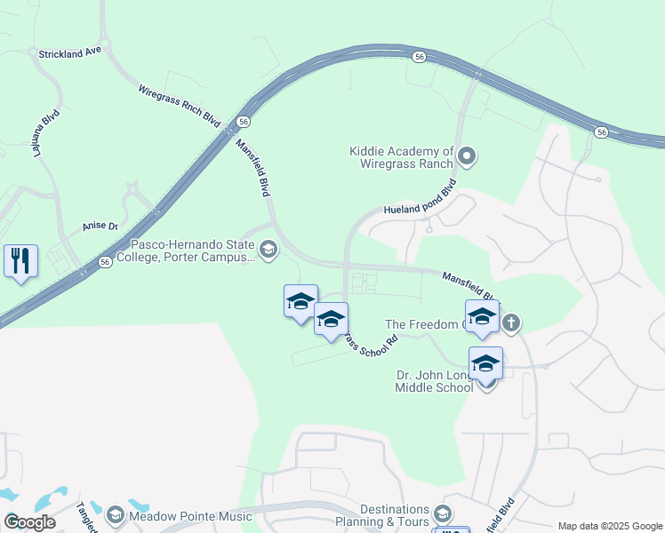 map of restaurants, bars, coffee shops, grocery stores, and more near Mansfield Boulevard in Wesley Chapel