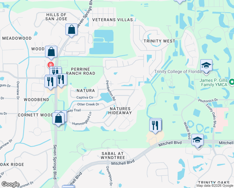 map of restaurants, bars, coffee shops, grocery stores, and more near 7511 Fawn Lake Road in New Port Richey