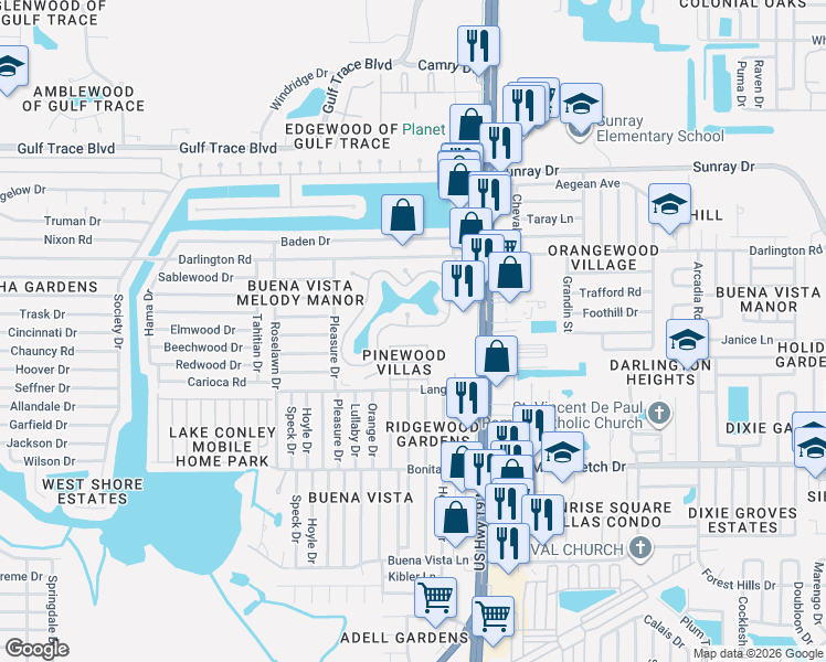 map of restaurants, bars, coffee shops, grocery stores, and more near 4319 Tahitian Gardens Circle in Holiday