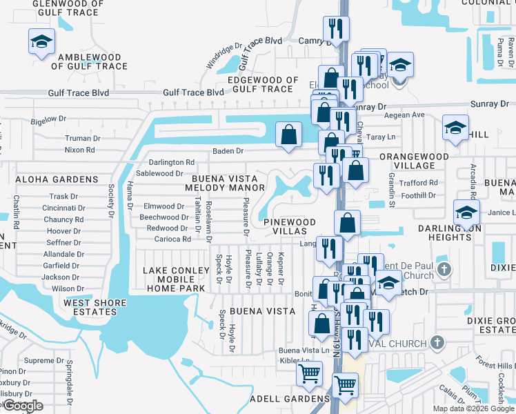 map of restaurants, bars, coffee shops, grocery stores, and more near 4328 Tahitian Gardens Circle in Holiday